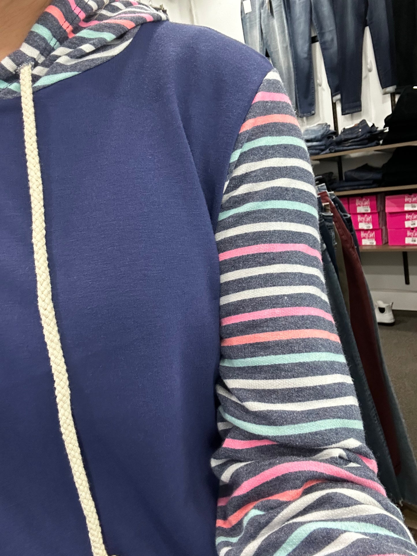 Navy & Colorful Striped Sleeve Hoodie 2875