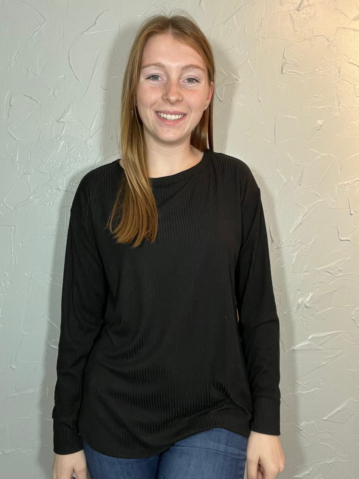 LS Black Ribbed V Neck