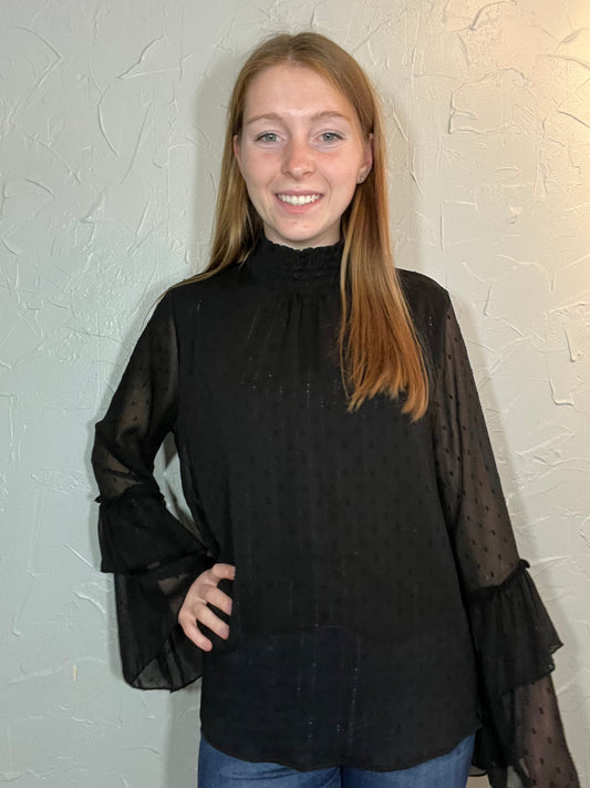 Black Smocked Neck Bell Sleeve Top