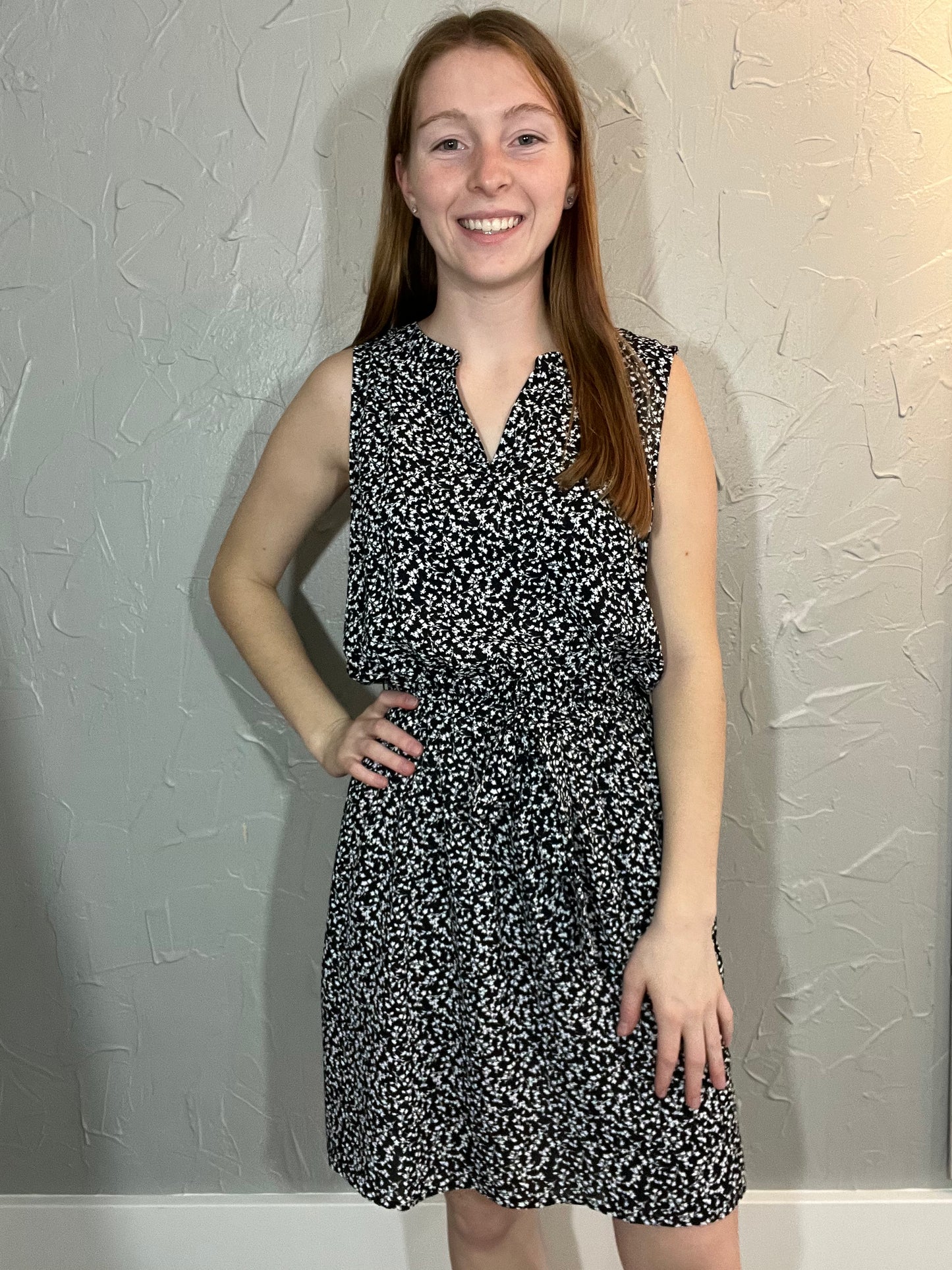 Black Printed Tie Waist Dress