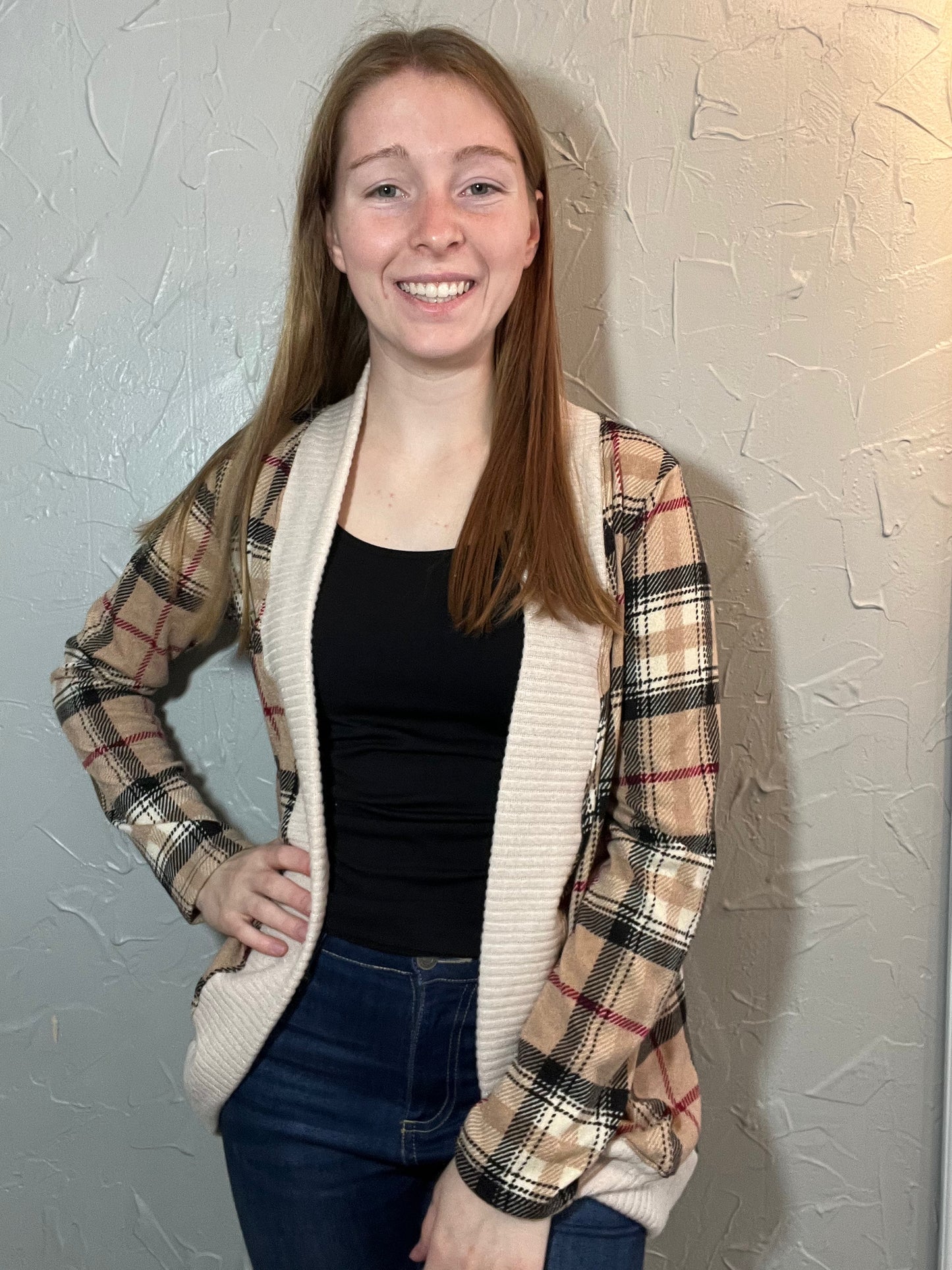 TAUPE PLAID CARDIGAN