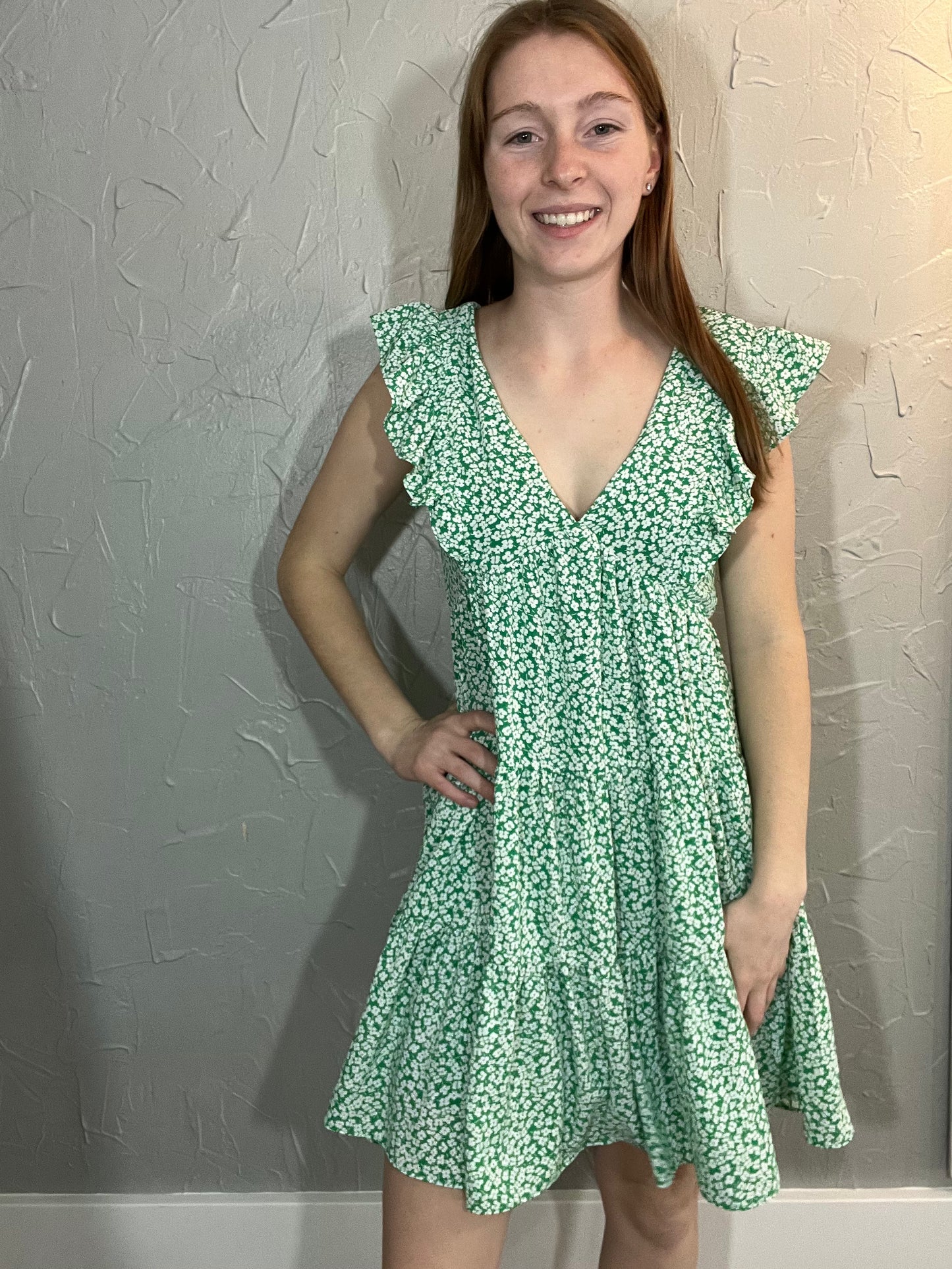 Green Printed Ruffle Dress