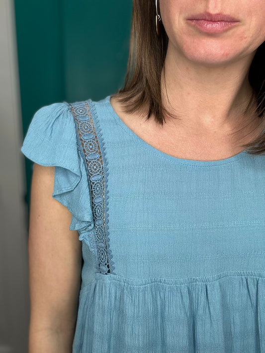 Blue Ruffle Sleeve Babydoll Top