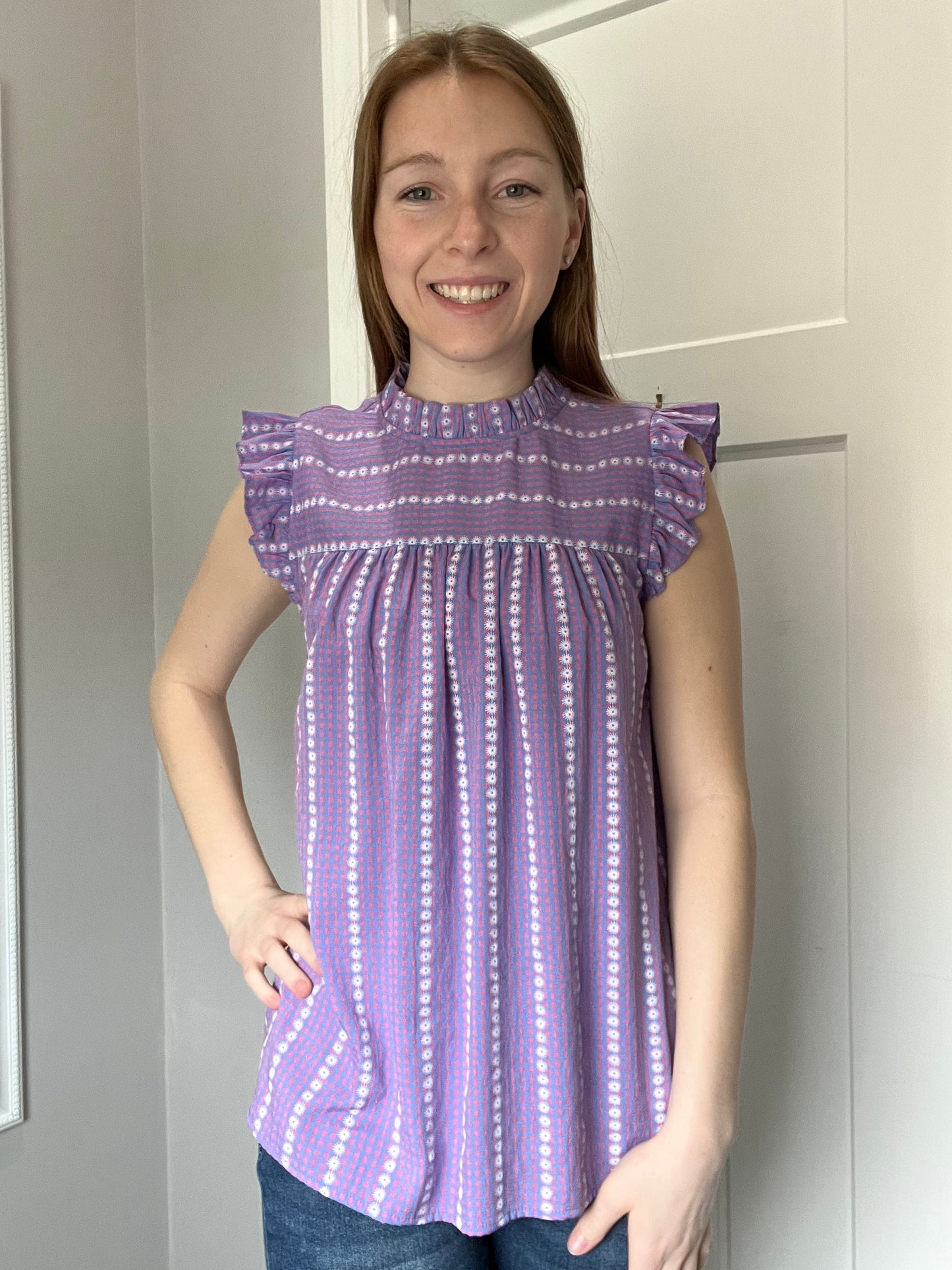 Blue & Pink Ruffle Neck Top