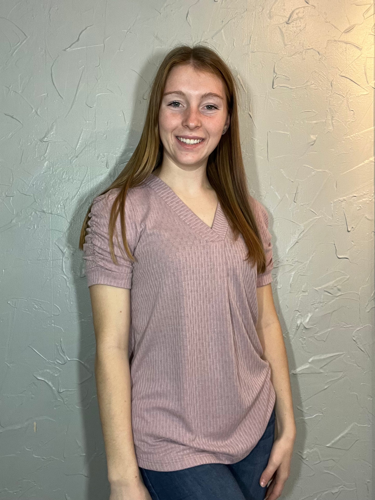Dusty Lilac Rouched Sleeve Top