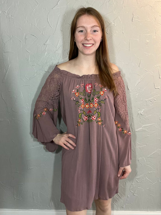 Embroidered Off Shoulder Bell Sleeve Dress