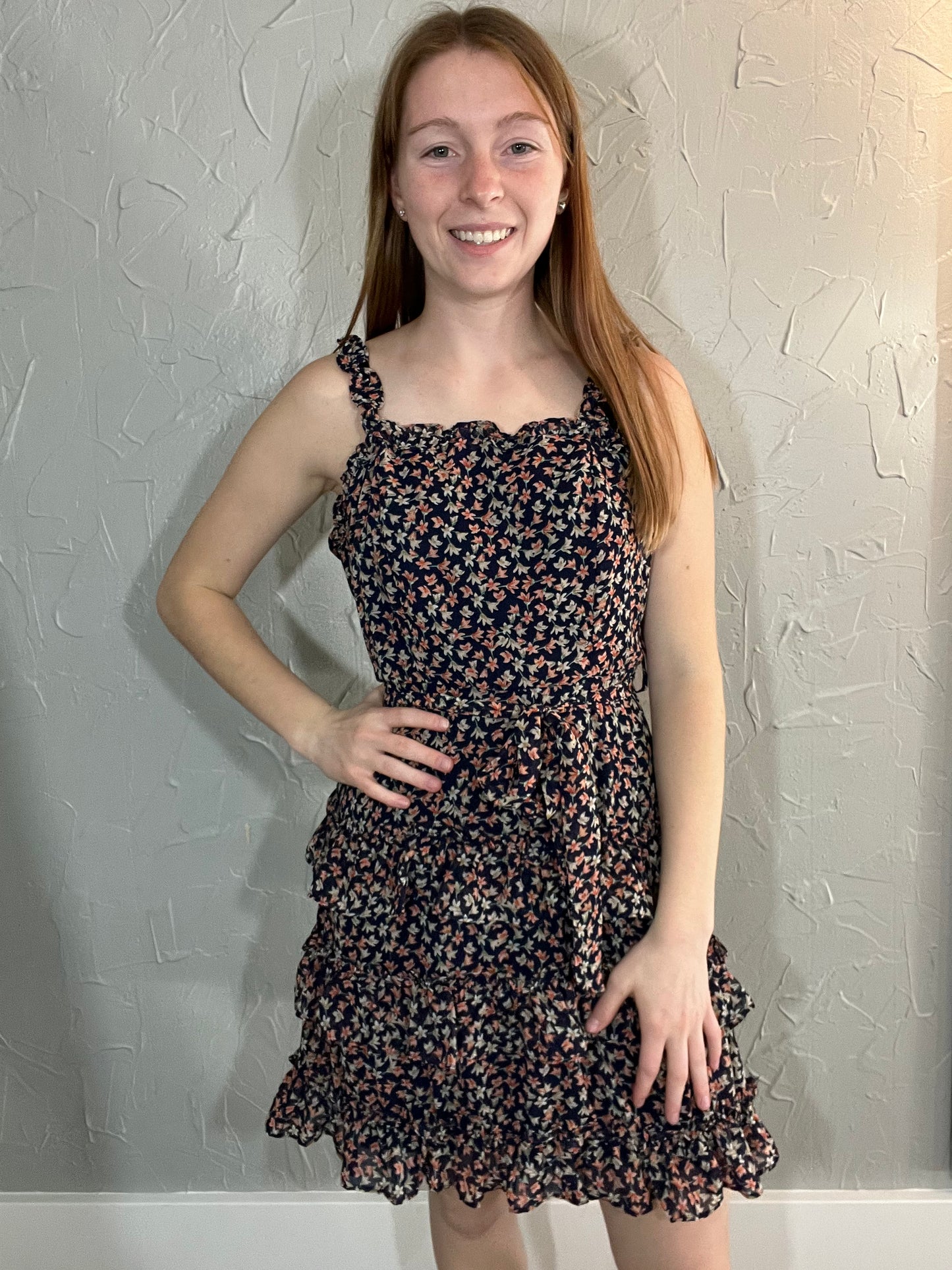 Navy Ruffled Print Dress