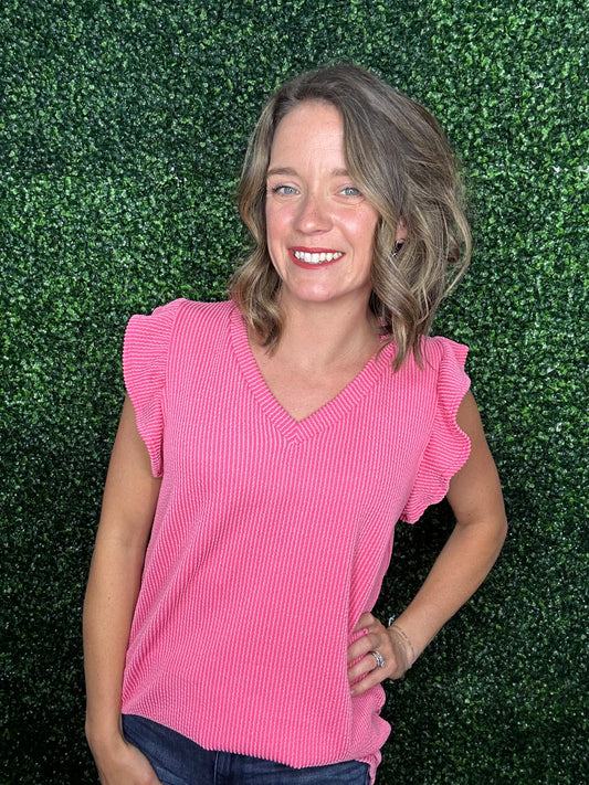 CORAL RUFFLE SLEEVE TOP-7493