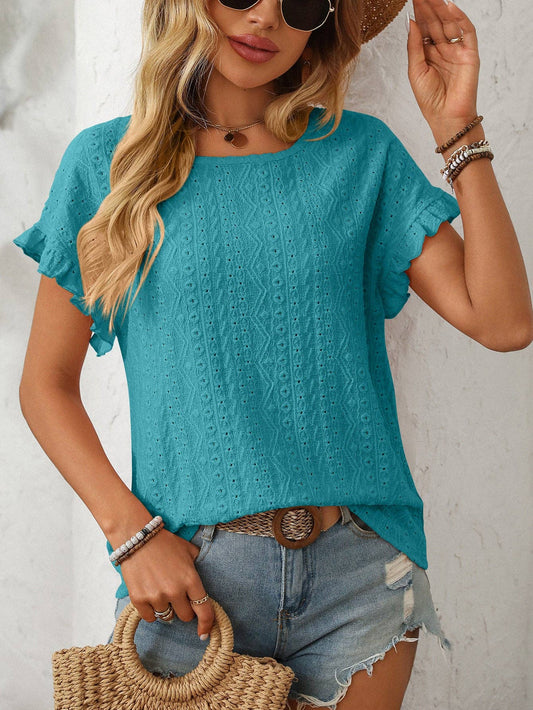 Turquoise Short-Sleeve Hollow-Out Top