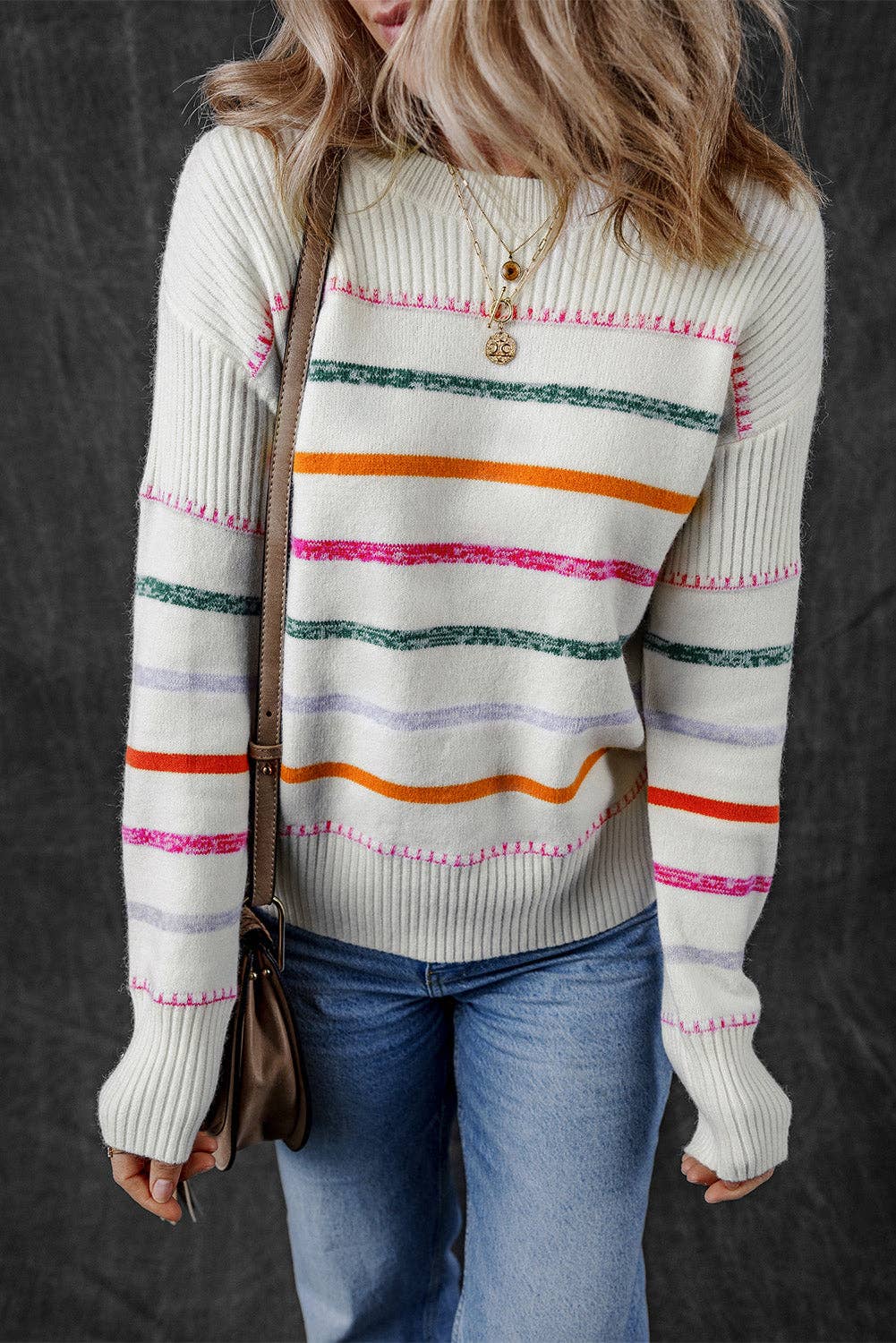 White Colorful Striped Sweater