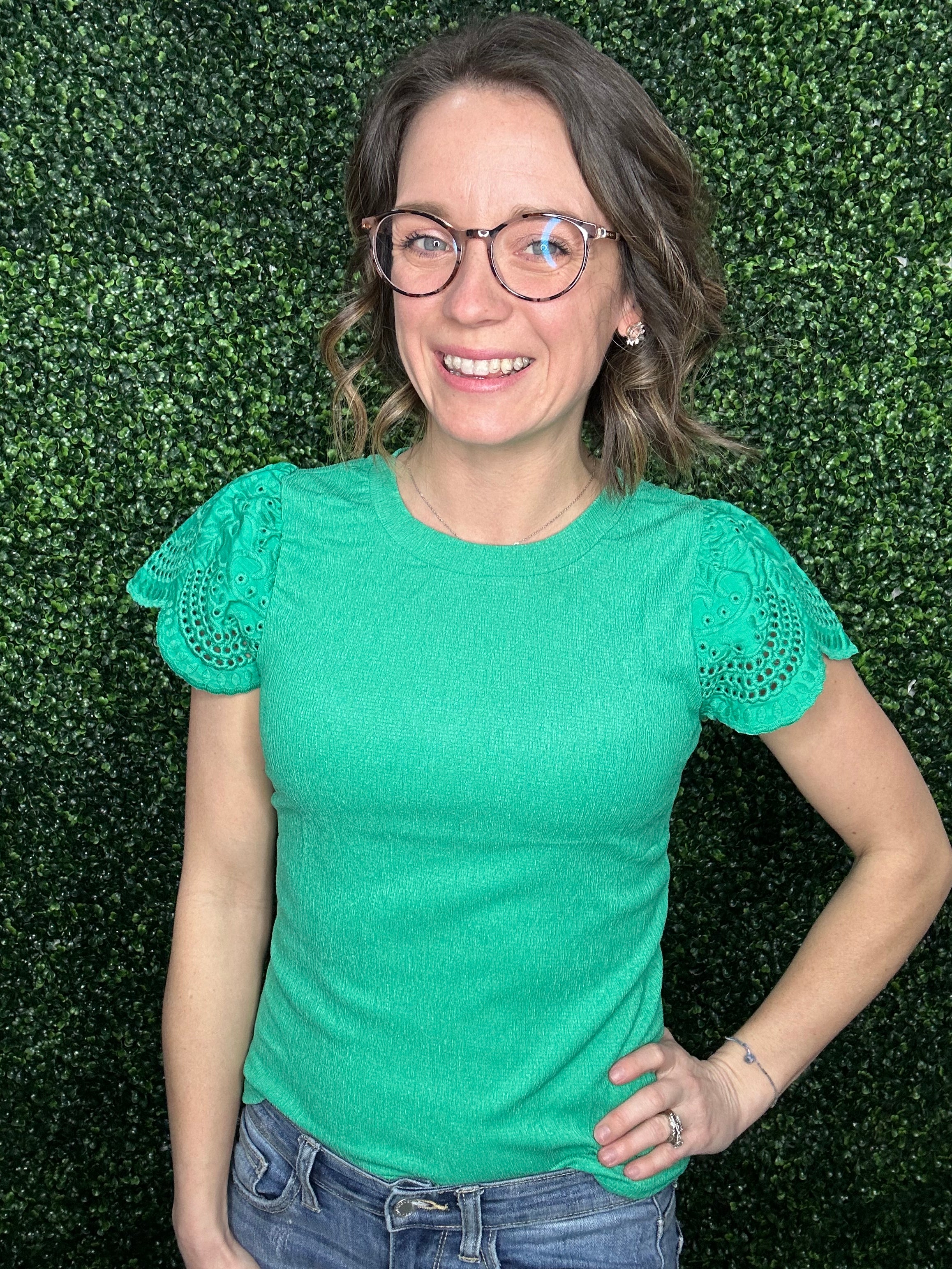 GREEN EYELET TOP-2041 – The Turquoise Door Boutique LLC