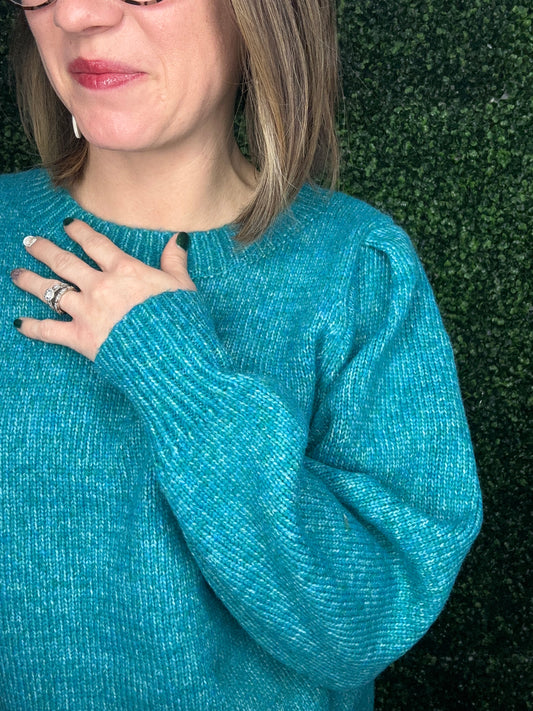 TEAL PUFF SLEEVE SWEATER