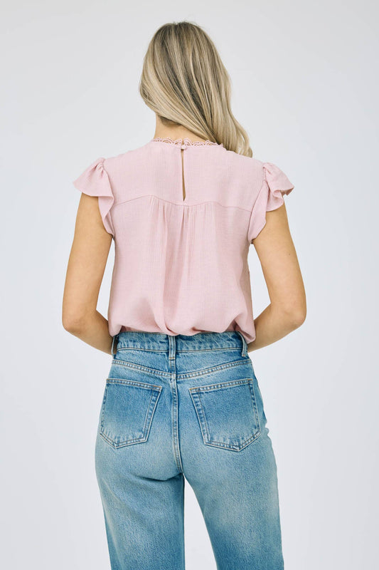 Blush Lace Panel Ruffle Blouse