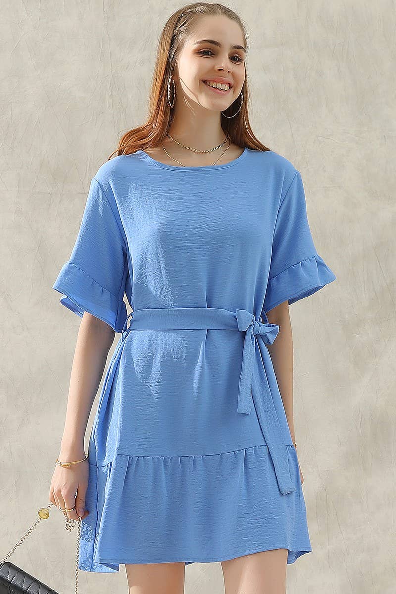 Waist Bow Tie Midi Ruffle Dress 10405
