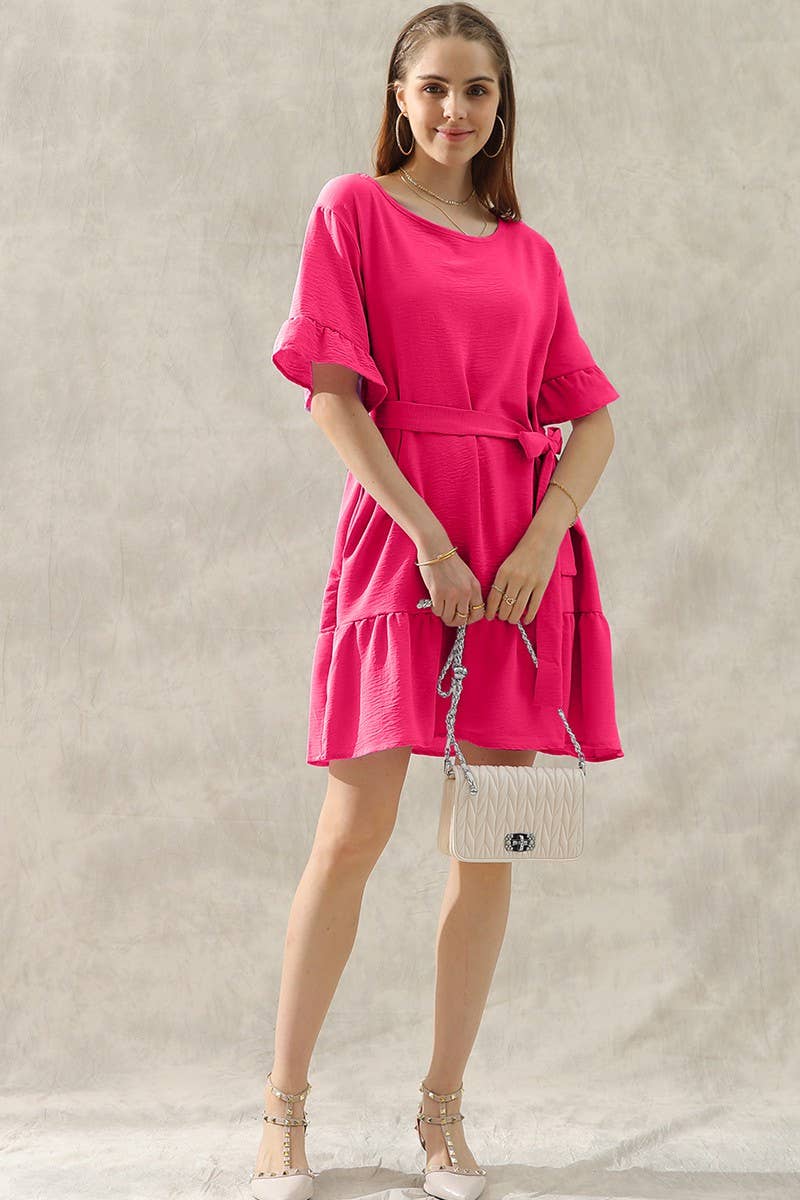 Waist Bow Tie Midi Ruffle Dress 10405