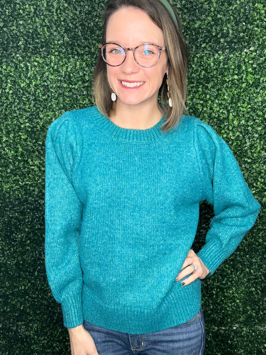 TEAL PUFF SLEEVE SWEATER