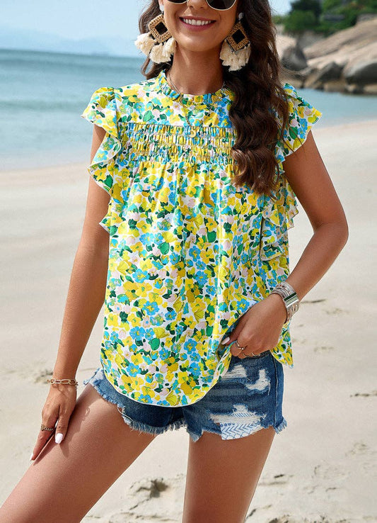 Lime & Blue Floral Ruffled T