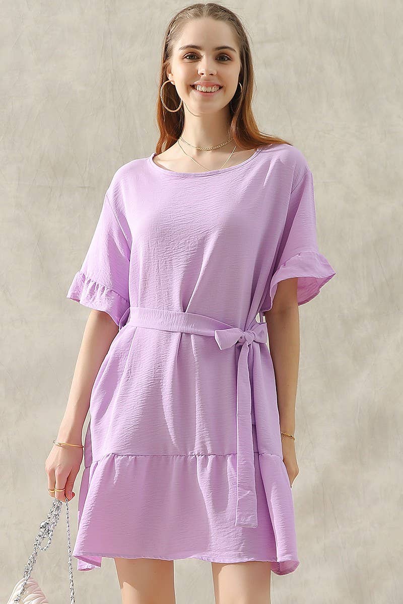 Waist Bow Tie Midi Ruffle Dress 10405