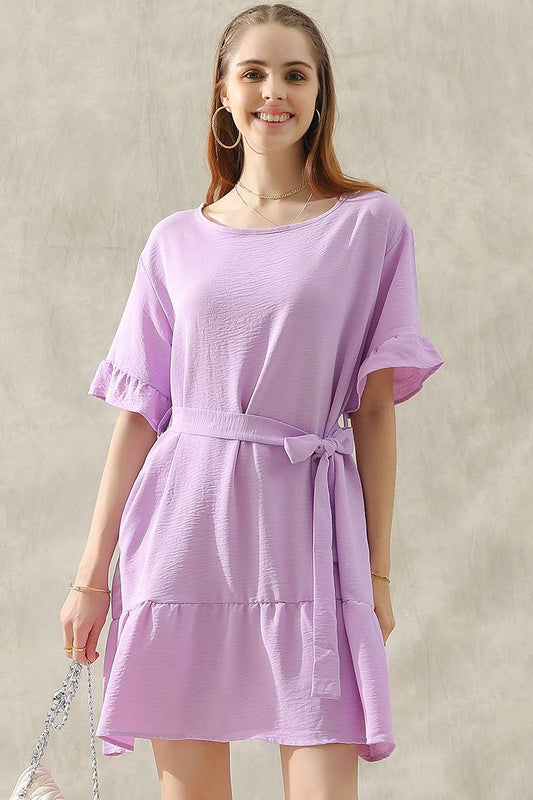 Waist Bow Tie Midi Ruffle Dress 10405