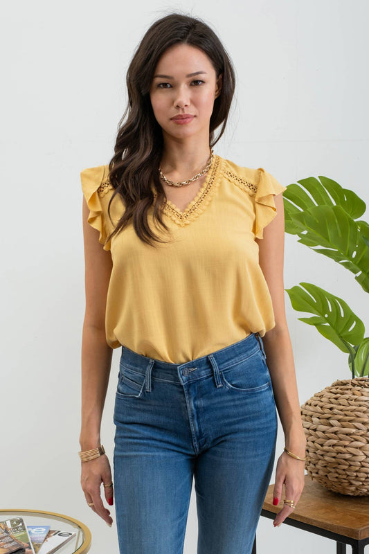 Yellow Scallop Lace Ruffle Sleeve Top