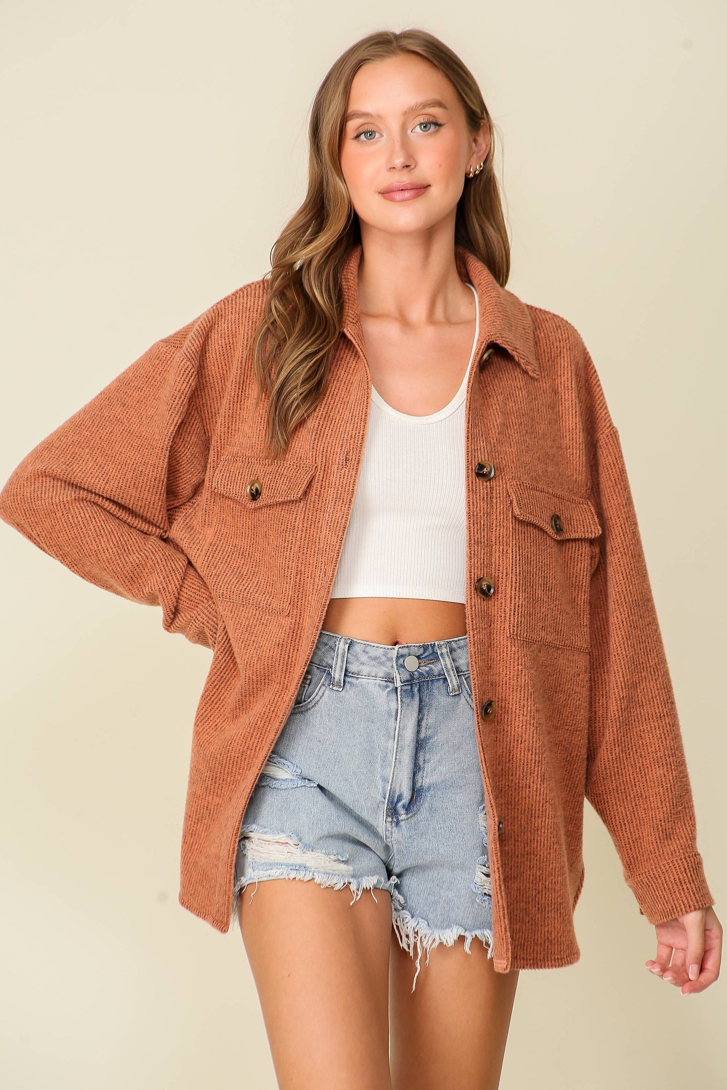 Brushed Waffle Button-Up Shacket