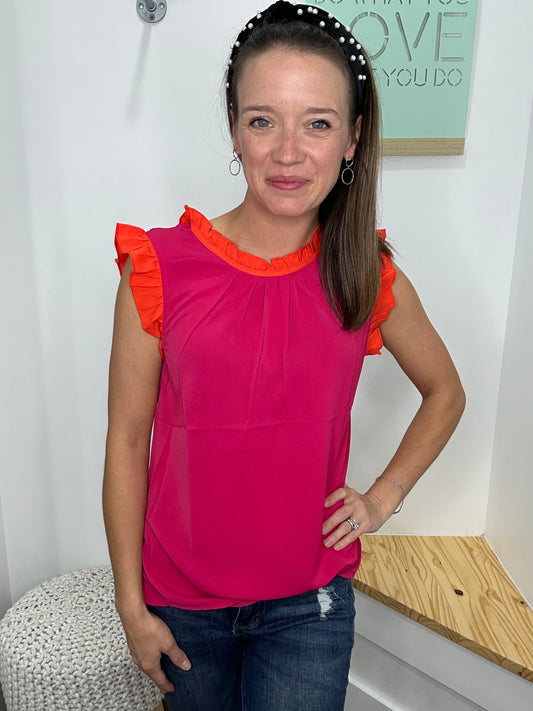 HOT PINK RUFFLE SLEEVE BLOUSE-9129