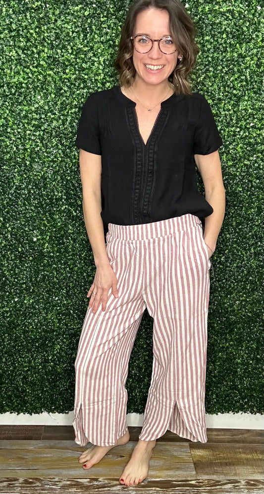 LINEN CROP PANTS-RED STRIPE