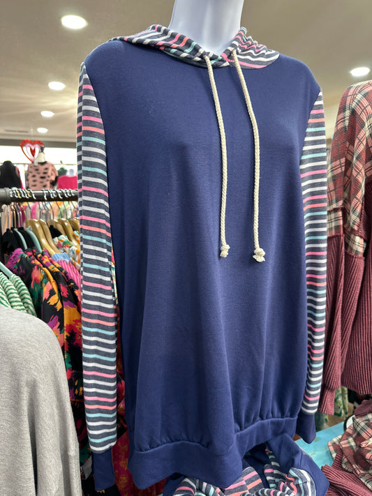 Navy & Colorful Striped Sleeve Hoodie 2875