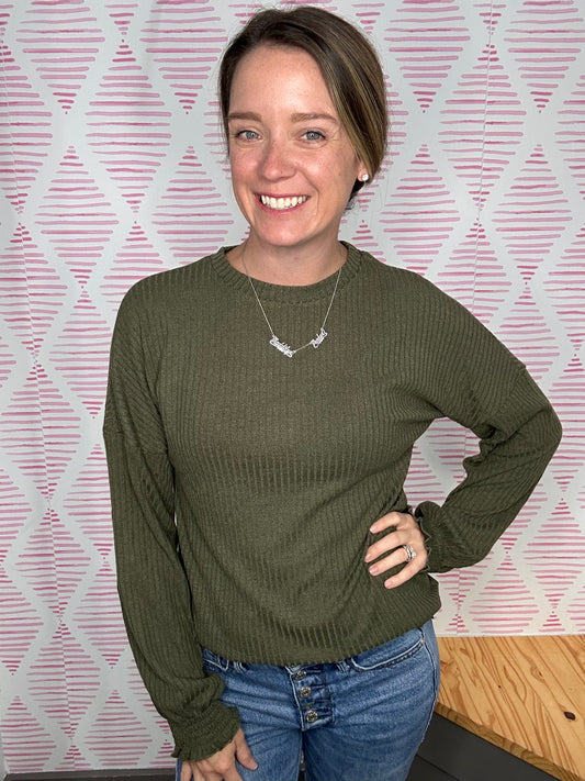 Army Green Ribbed Blouse