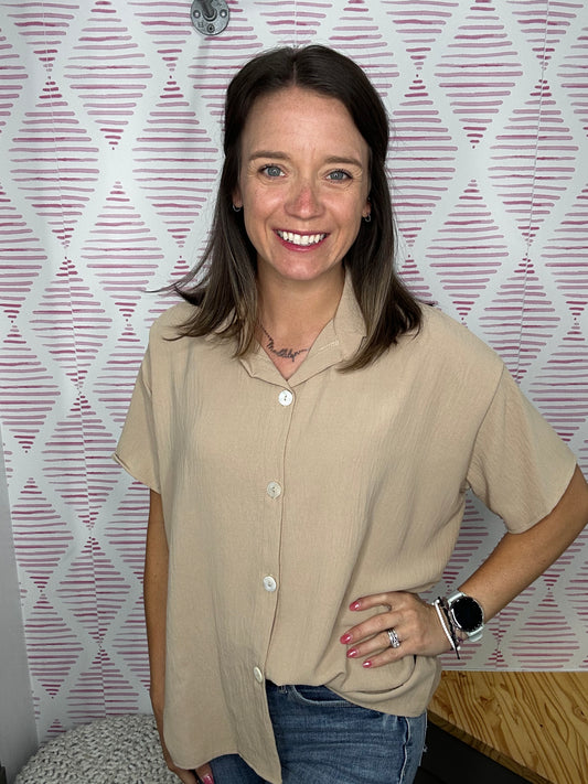 Beige Easy Button Up Top 3789