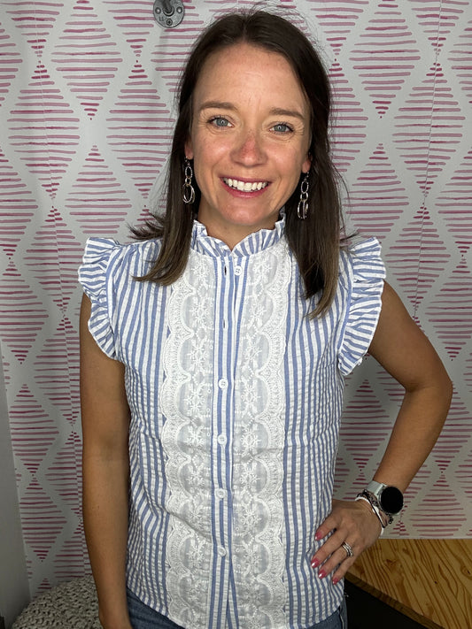 Blue Striped Lace Top
