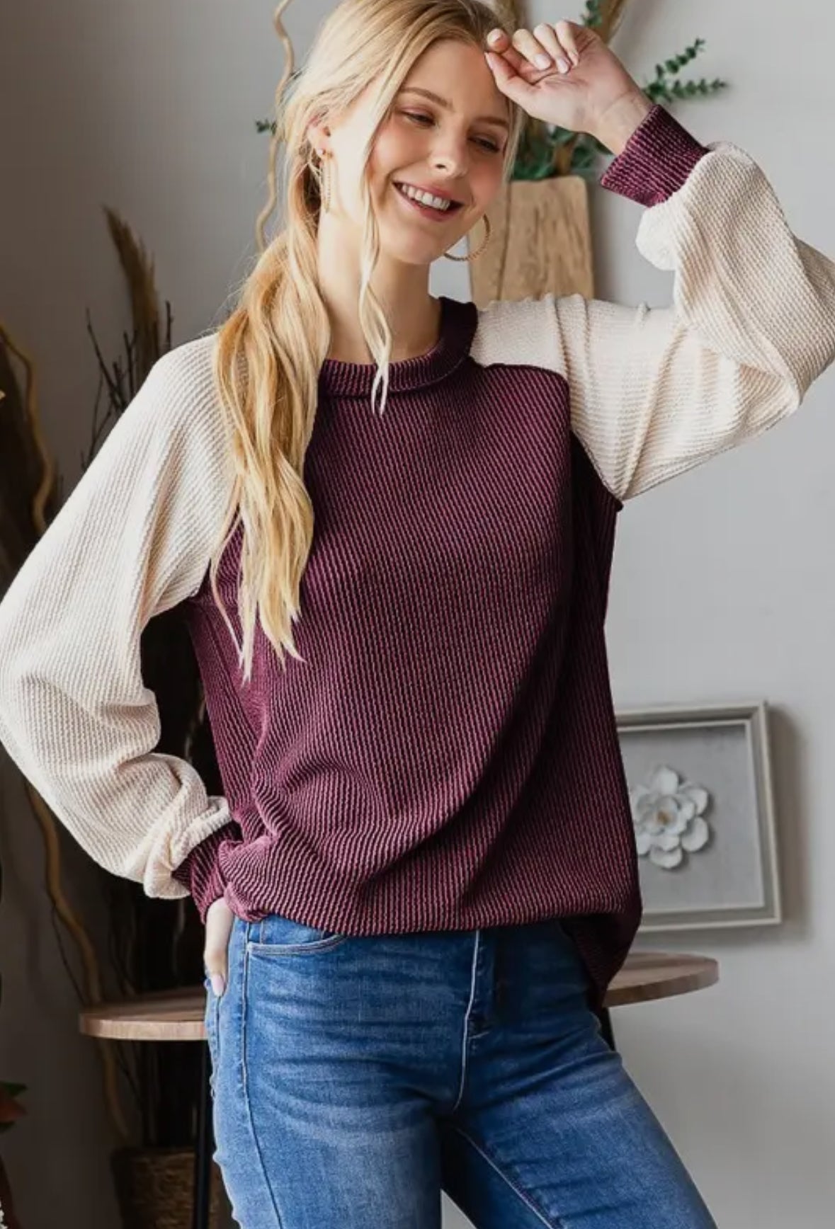 BURGUNDY RIBBED L/S TOP-7689