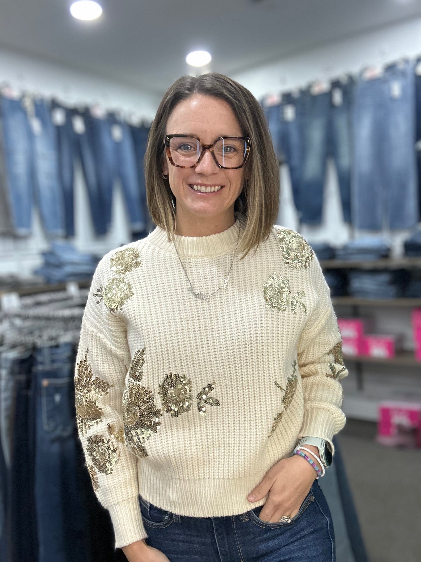 Ivory Sweater with Gold Sequin