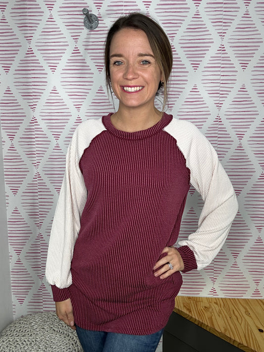 BURGUNDY RIBBED L/S TOP-7689