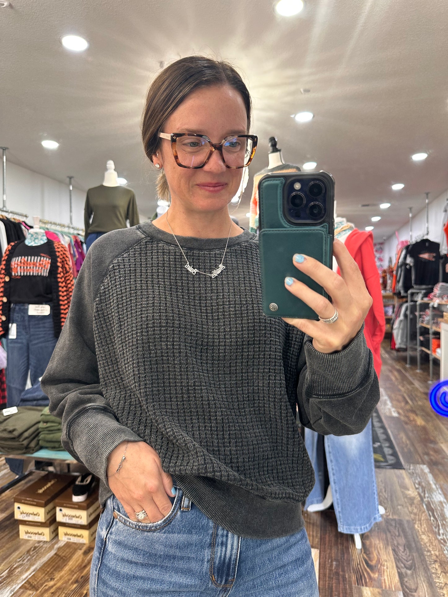 Black Cozy Waffle Pullover