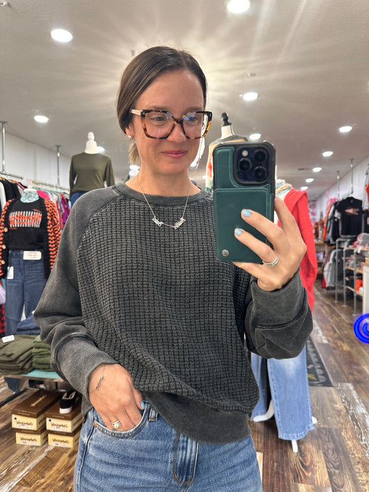 Black Cozy Waffle Pullover