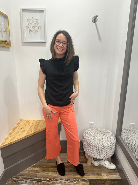 WOVEN RUFFLE SLEEVE TOP-1259