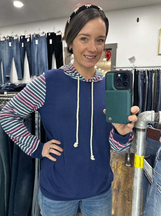 Navy & Colorful Striped Sleeve Hoodie 2875
