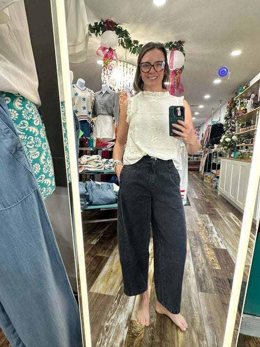 WIDE LEG BLACK DENIM CAPRI 1009