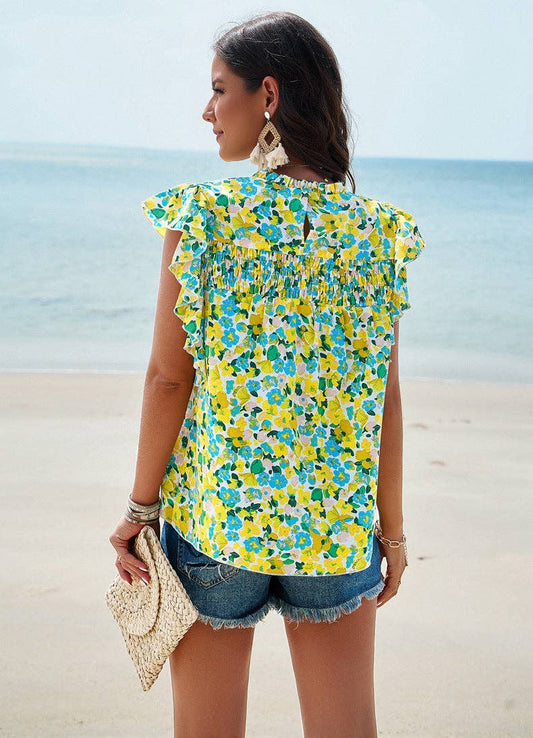 Lime & Blue Floral Ruffled T