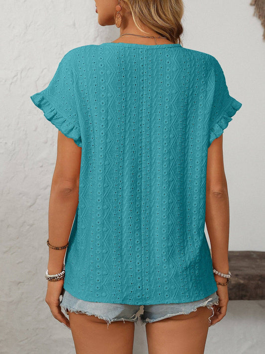 Turquoise Short-Sleeve Hollow-Out Top