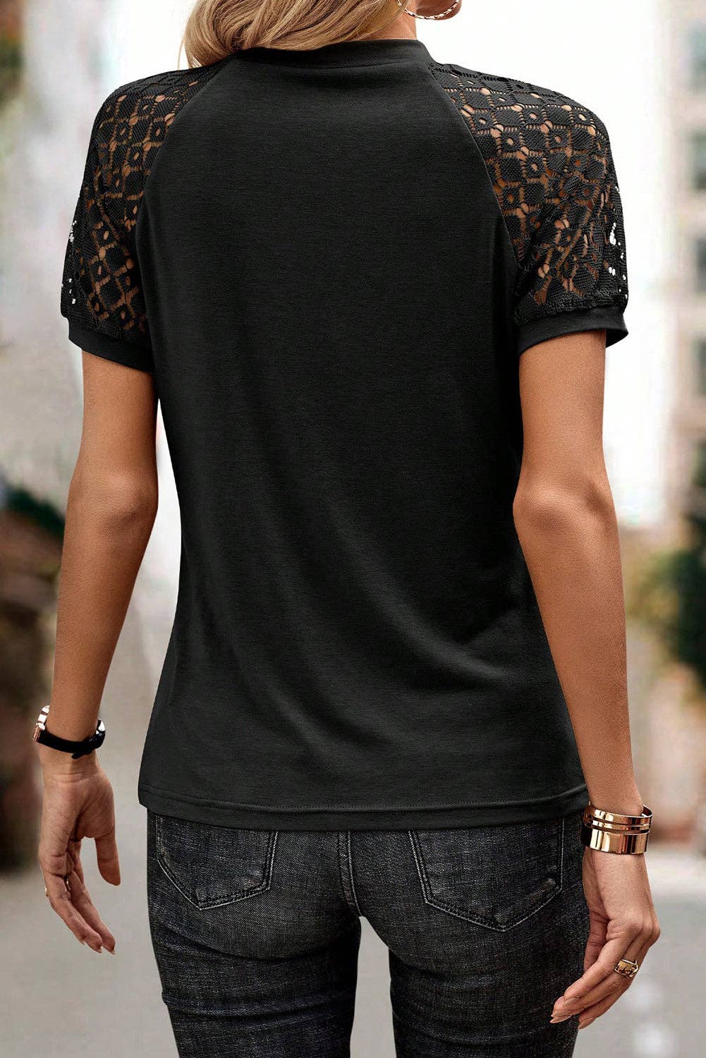 Black Lace Raglan Sleeve Tee