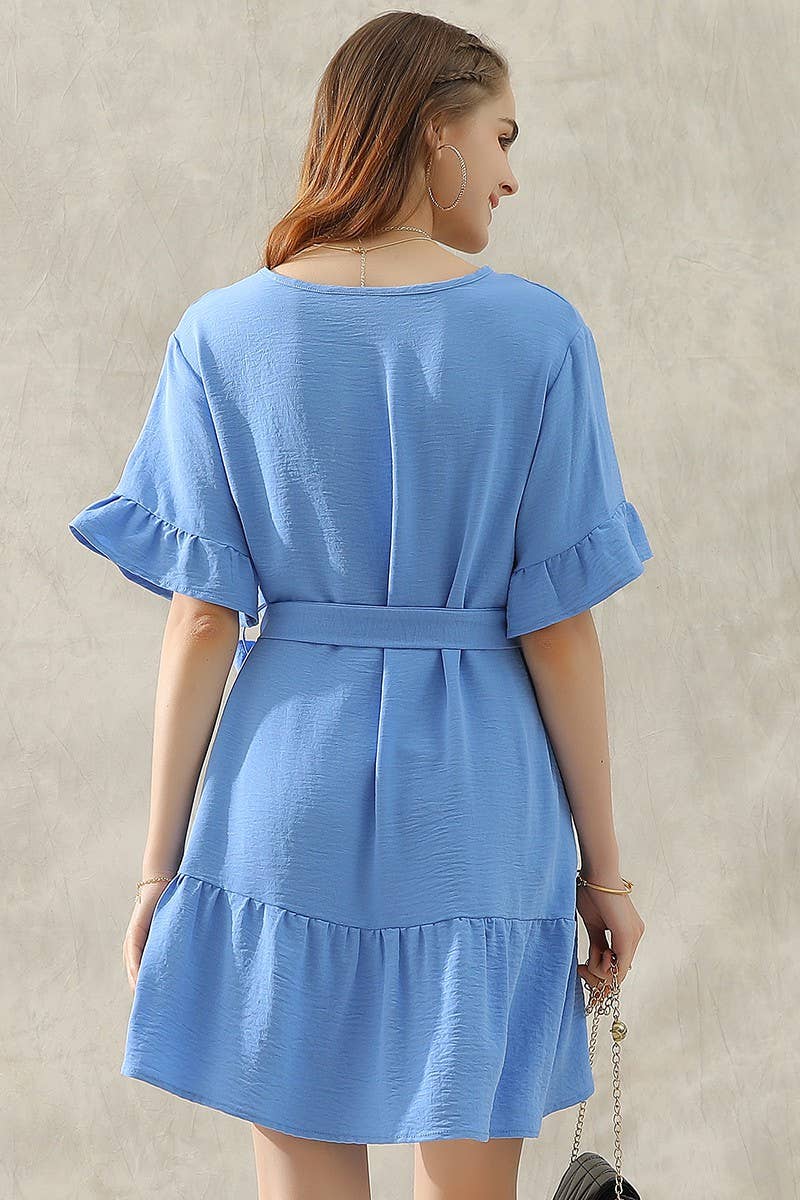 Waist Bow Tie Midi Ruffle Dress 10405