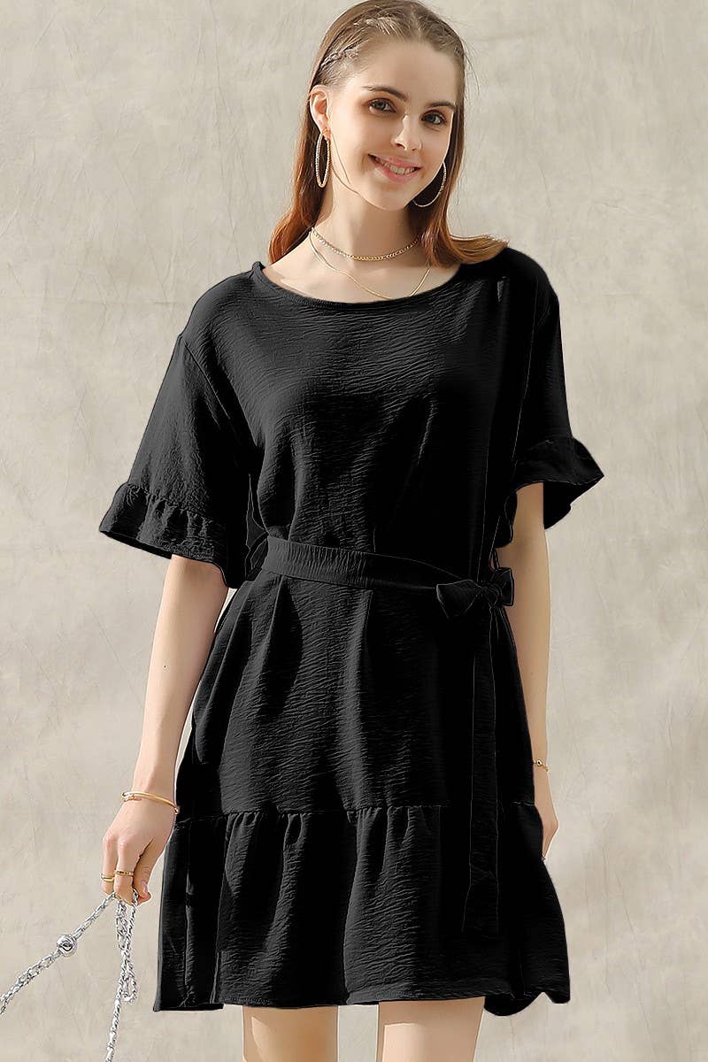 Waist Bow Tie Midi Ruffle Dress 10405