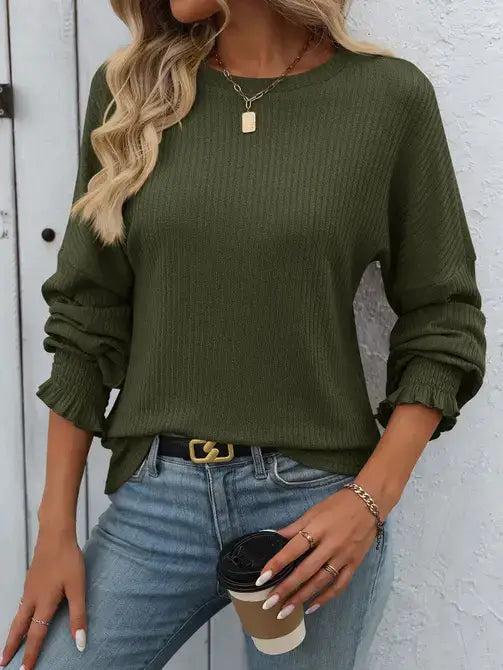 Army Green Ribbed Blouse