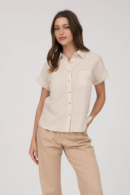 STRIPE COLLARED LINEN SHIRT