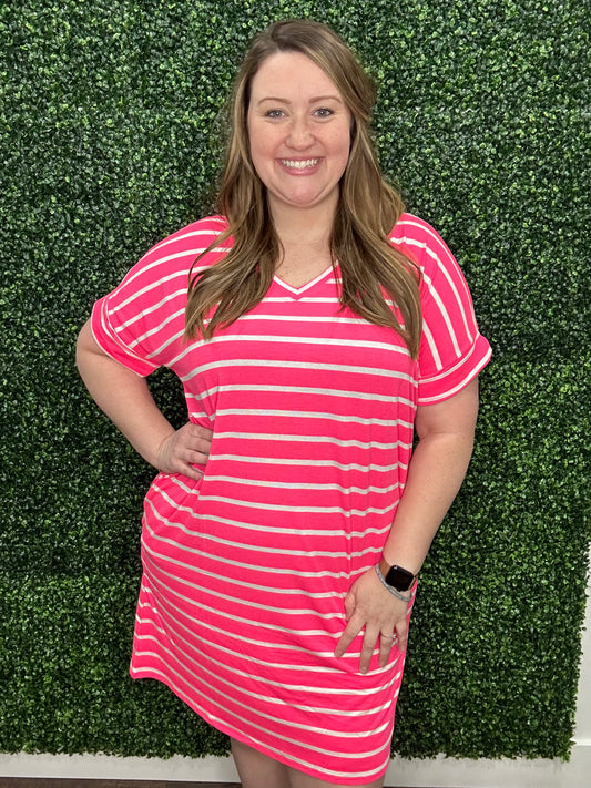 STRIPED SHORT SLEEVE DRESS-2305PLUS