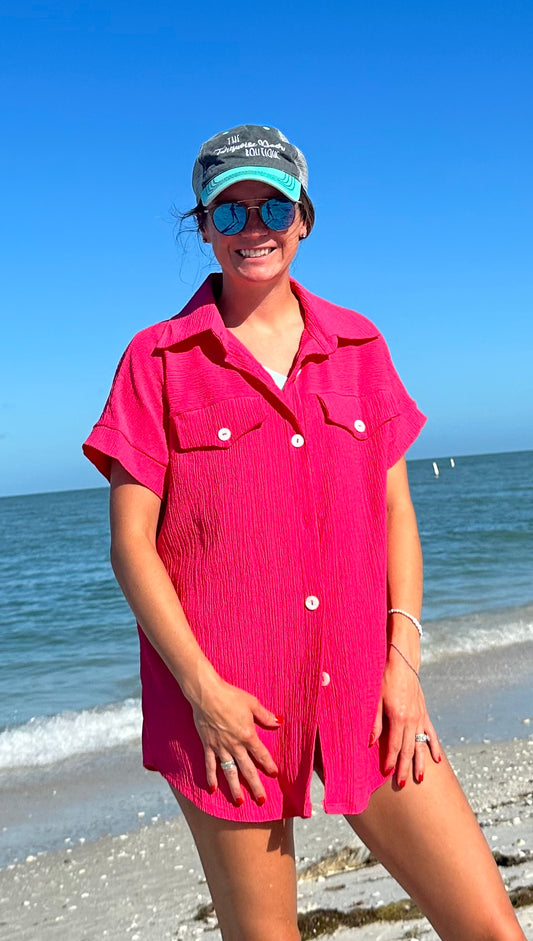 FUCHSIA CRINKLE BUTTON TOP-5134