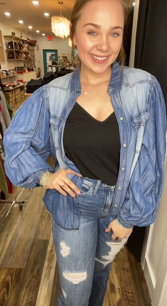 DENIM BUBBLE SLEEVE FLANNEL