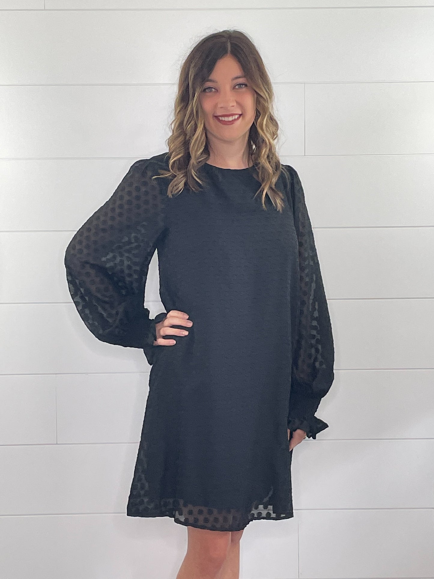 LS Black Smocked Sleeve Dress